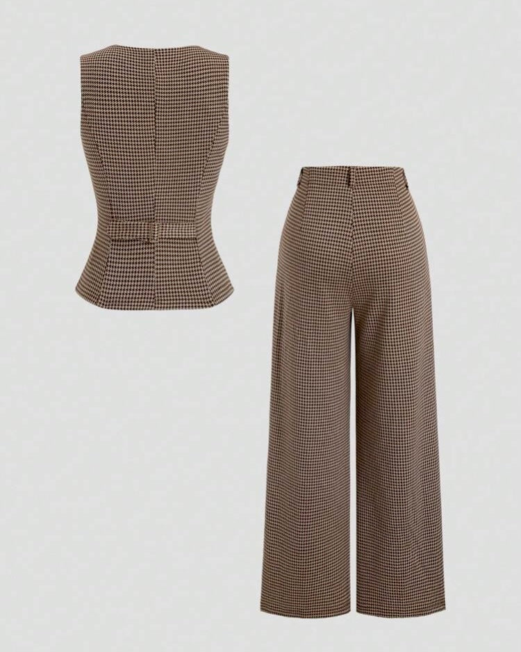 Brown Houndstooth Vest & Wide-Leg Pants Set