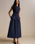 Navy Blue Pinstripe Sleeveless Midi Dress