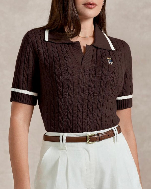 Brown Cable Knit Polo Shirt