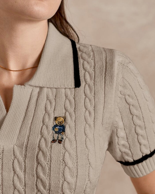 Beige Cable Knit Polo Top