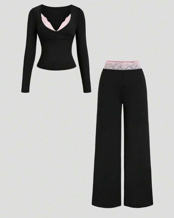 Black & Pink Lace Trim Co-Ord Set