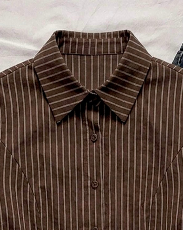 Brown Pinstripe Lace-Up Back Shirt