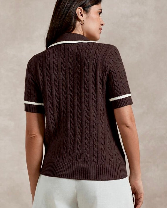 Brown Cable Knit Polo Shirt