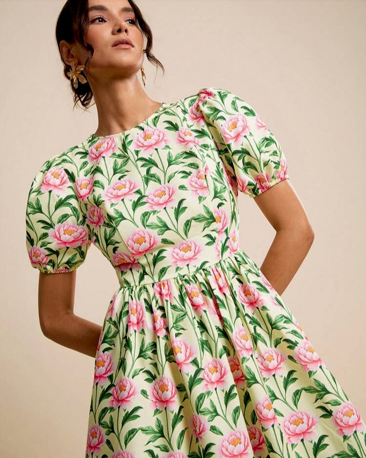 Floral Puff-Sleeve Fit & Flare Dress