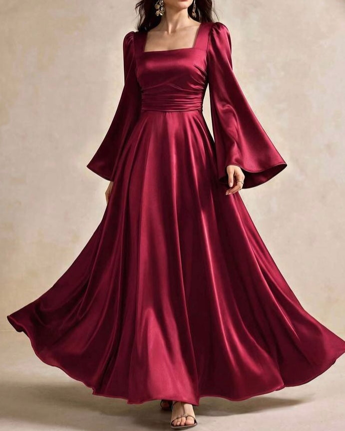 Burgundy Satin Square-Neck Maxi Dress