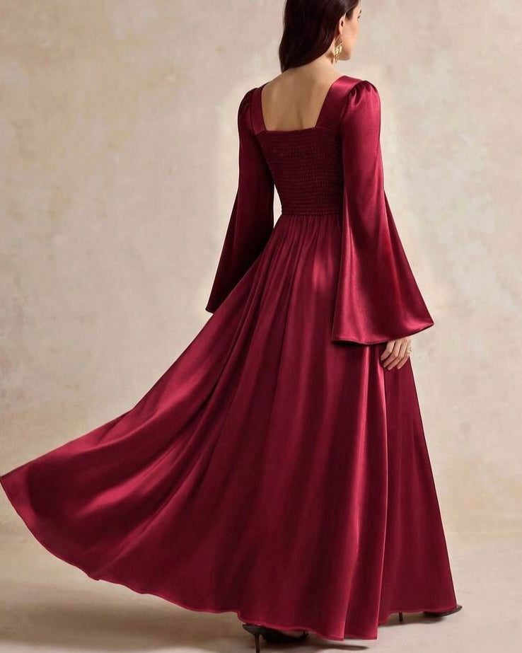 Burgundy Satin Square-Neck Maxi Dress