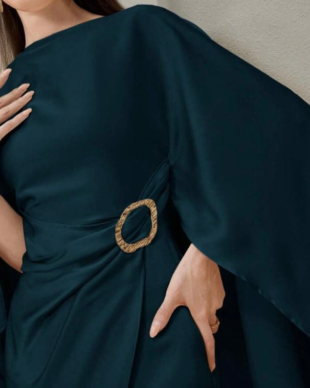 Teal Blue Draped Maxi Dress with Buckle Detail
