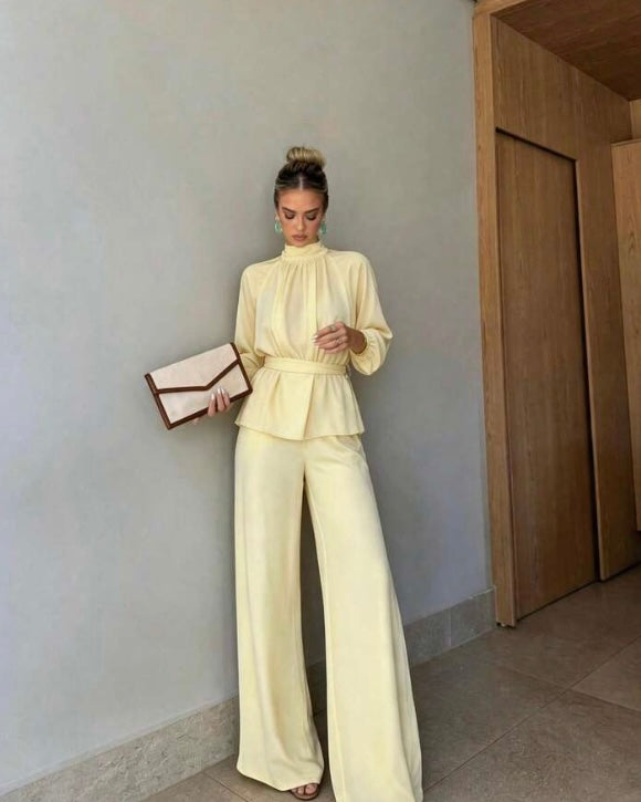 Soft Yellow Peplum Top & Wide-Leg Pants Set