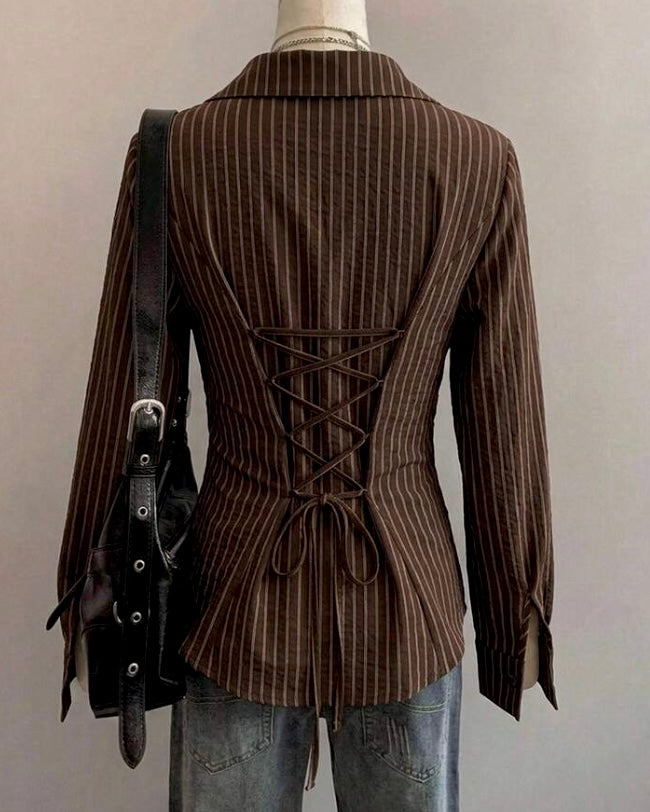 Brown Pinstripe Lace-Up Back Shirt
