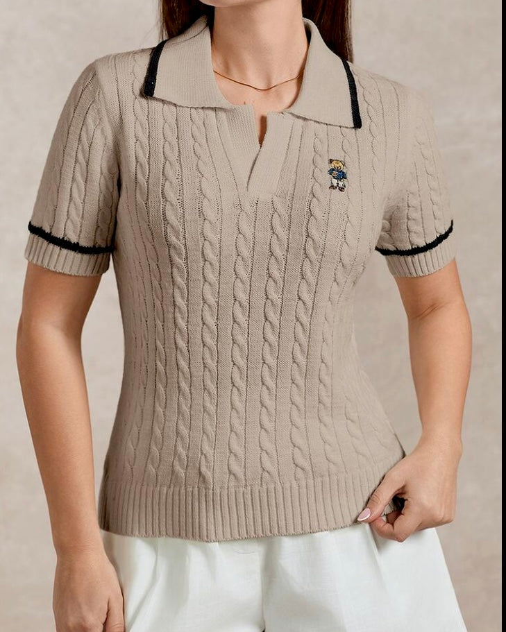 Beige Cable Knit Polo Top