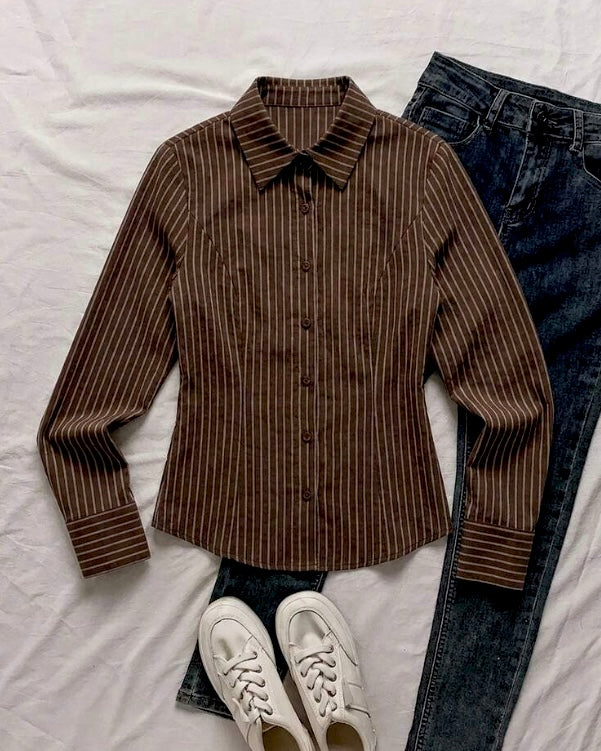 Brown Pinstripe Lace-Up Back Shirt