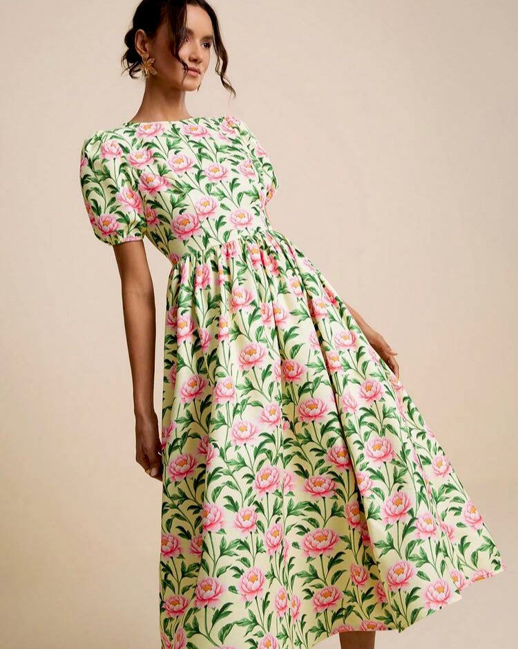 Floral Puff-Sleeve Fit & Flare Dress