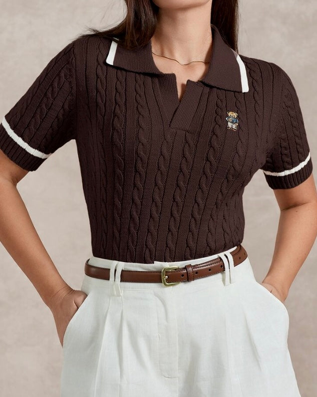 Brown Cable Knit Polo Shirt
