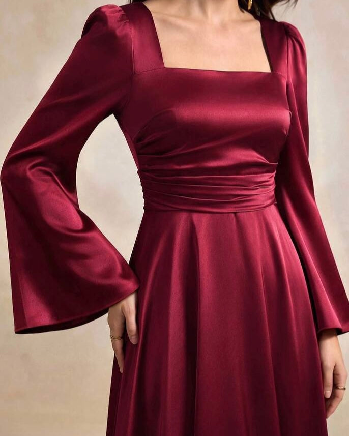 Burgundy Satin Square-Neck Maxi Dress