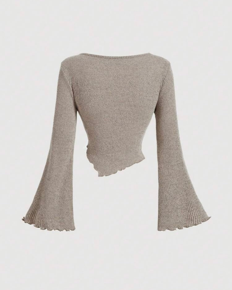 Ribbed Wrap Front Flare Sleeve Top