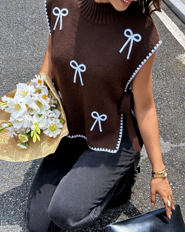 Brown Bow Detail Knit Top