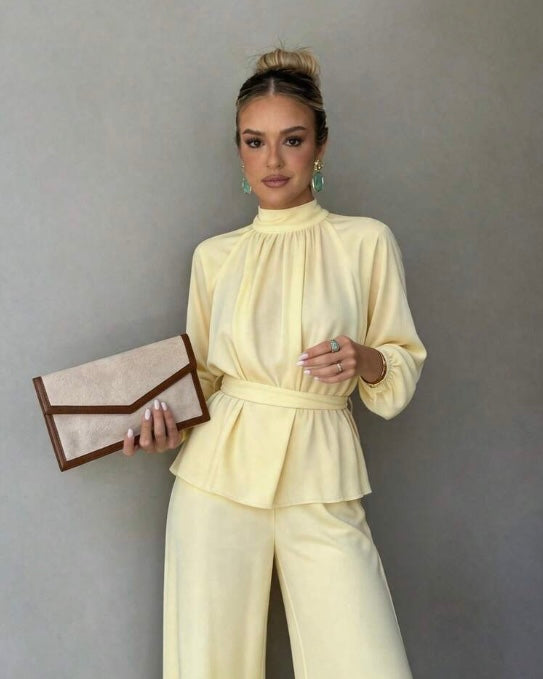 Soft Yellow Peplum Top & Wide-Leg Pants Set