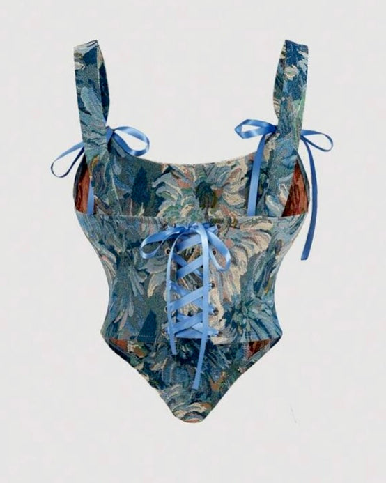 Blue Abstract Print Lace-Up Corset Top
