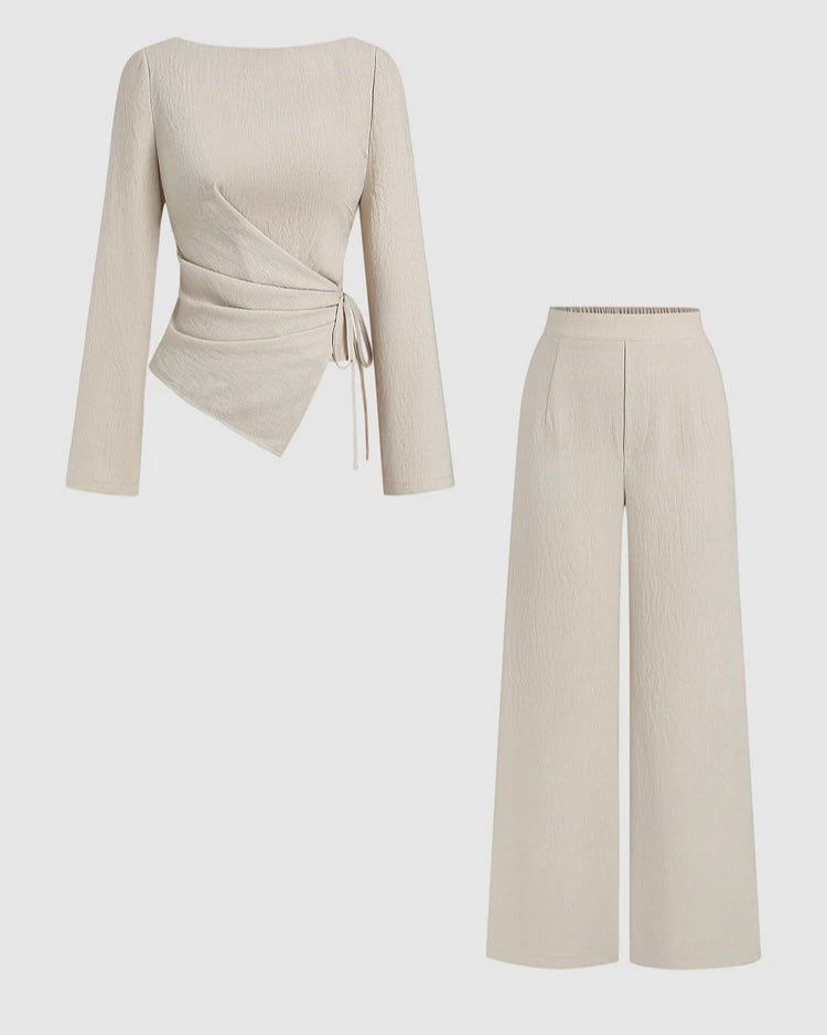 Ivory Wrap Top & Wide-Leg Pants Set