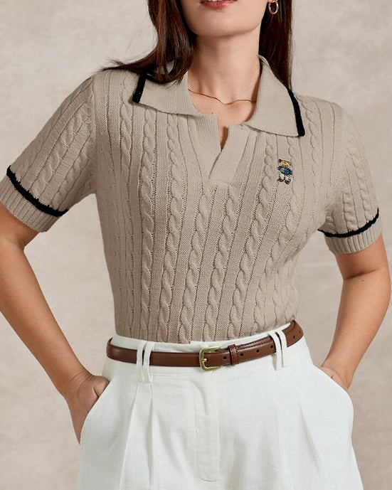 Beige Cable Knit Polo Top
