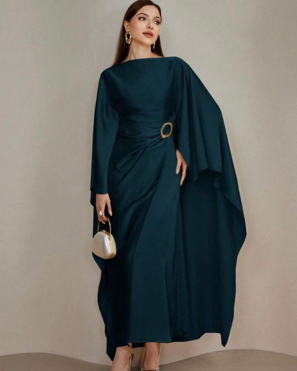 Teal Blue Draped Maxi Dress with Buckle Detail