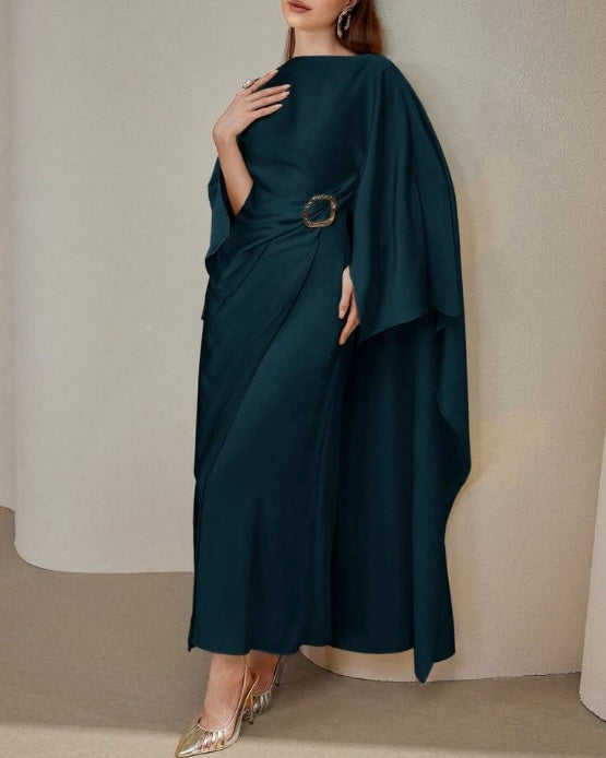 Teal Blue Draped Maxi Dress with Buckle Detail