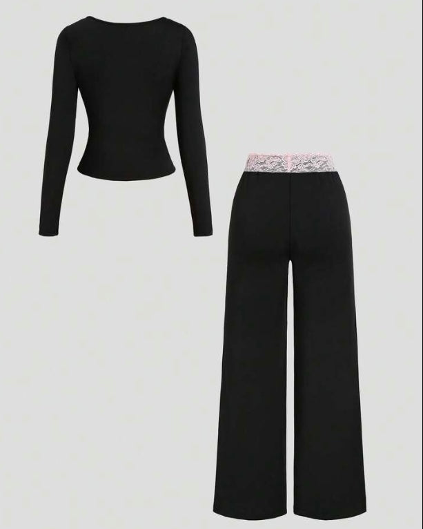 Black & Pink Lace Trim Co-Ord Set