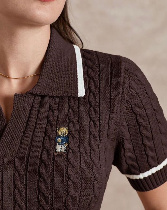 Brown Cable Knit Polo Shirt