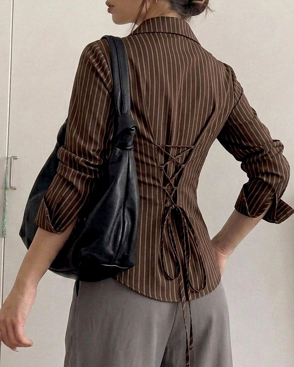 Brown Pinstripe Lace-Up Back Shirt