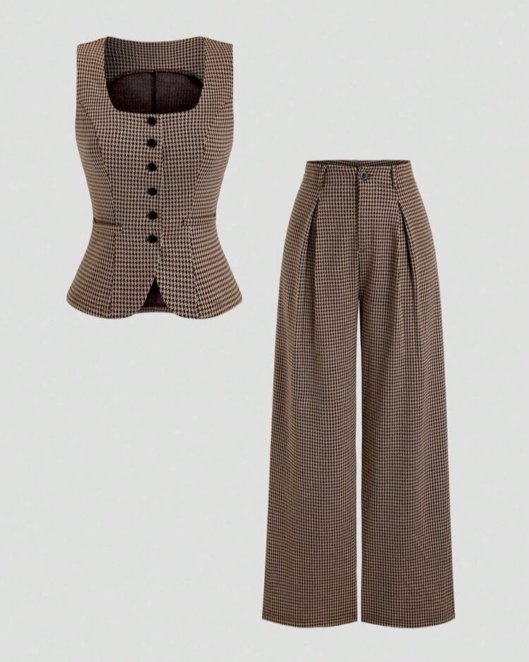 Brown Houndstooth Vest & Wide-Leg Pants Set