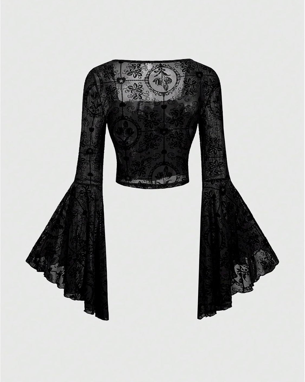 Black Lace-Up Corset Top with Sheer Bell Sleeves