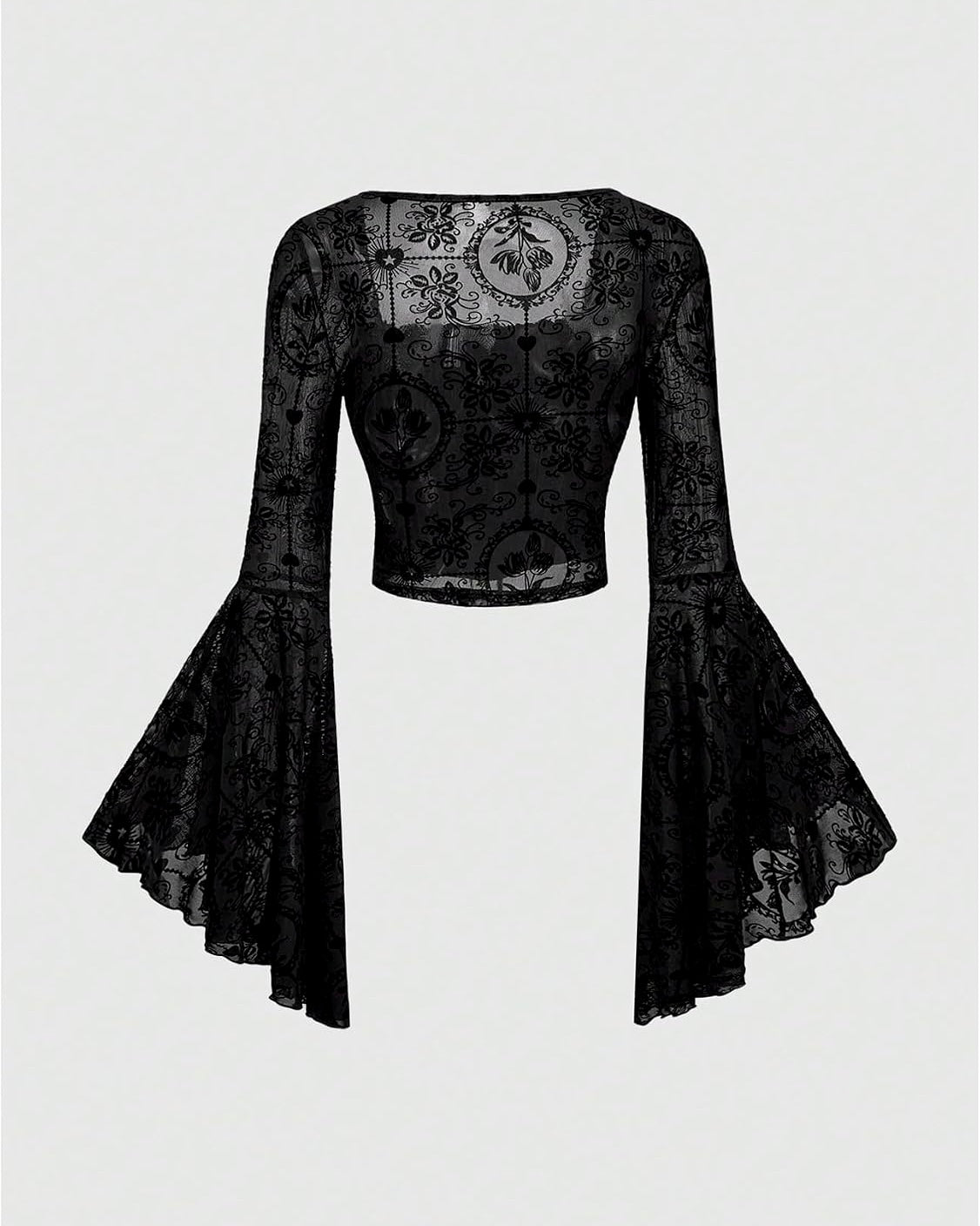 Black Lace-Up Corset Top with Sheer Bell Sleeves