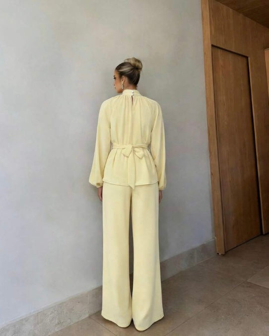 Soft Yellow Peplum Top & Wide-Leg Pants Set