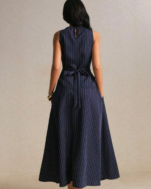 Navy Blue Pinstripe Sleeveless Midi Dress