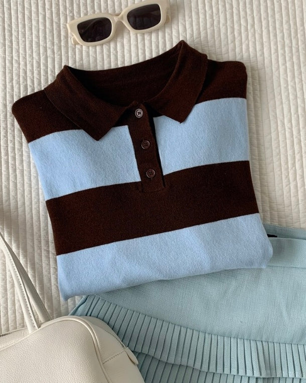 Sky Blue & Brown Striped Polo Shirt