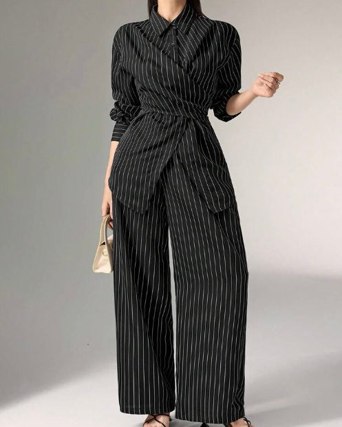 Black Pinstripe Wrap Co-Ord Set