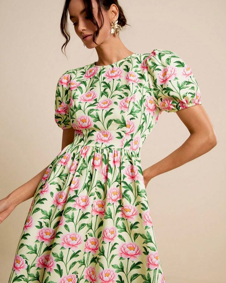 Floral Puff-Sleeve Fit & Flare Dress