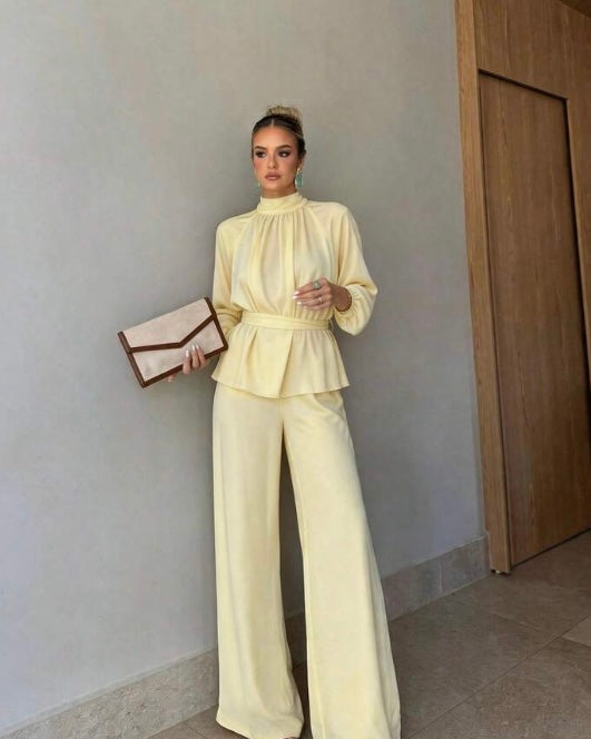 Soft Yellow Peplum Top & Wide-Leg Pants Set