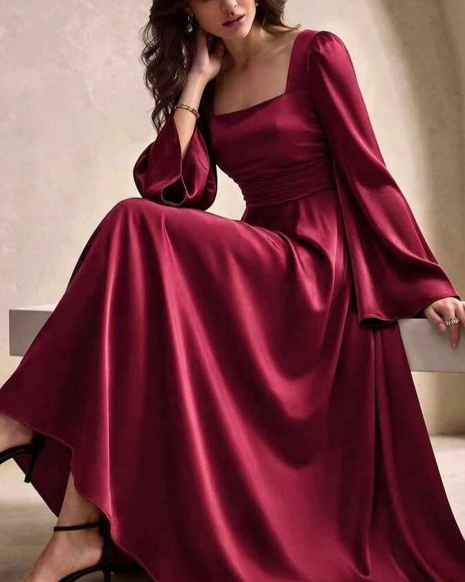 Burgundy Satin Square-Neck Maxi Dress