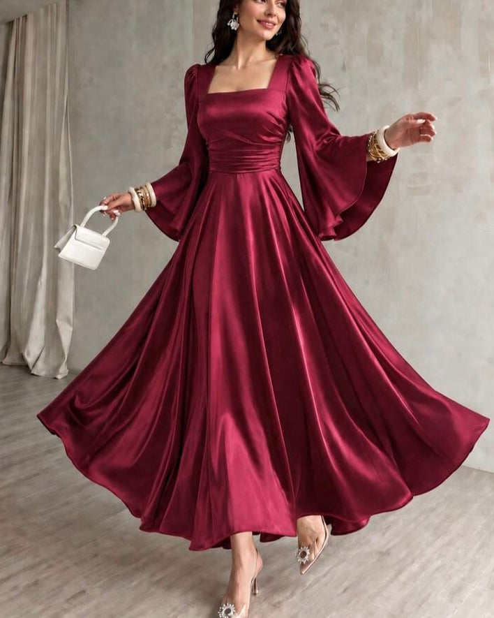 Burgundy Satin Square-Neck Maxi Dress