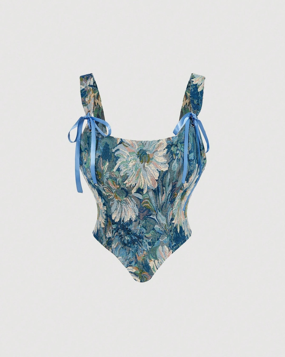 Blue Abstract Print Lace-Up Corset Top