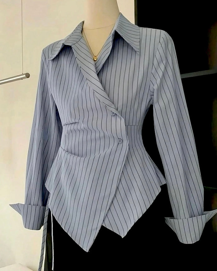 Elegant Grey Pinstripe Wrap Shirt