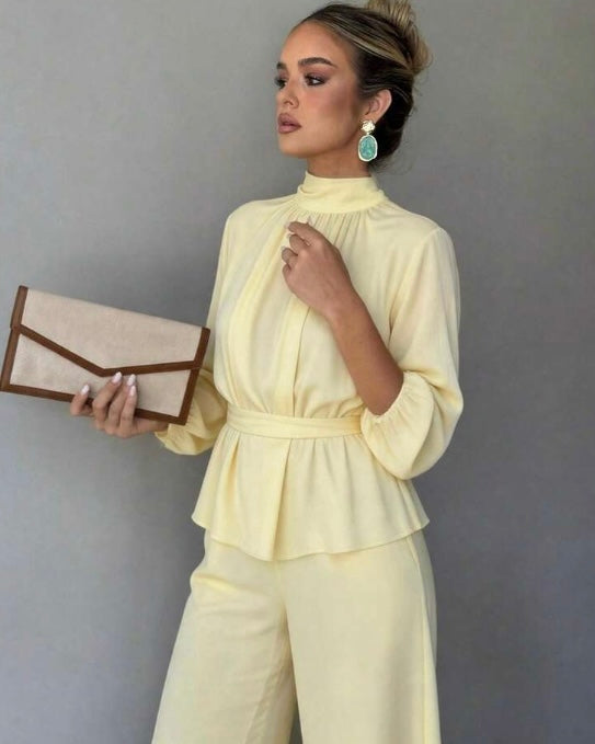 Soft Yellow Peplum Top & Wide-Leg Pants Set