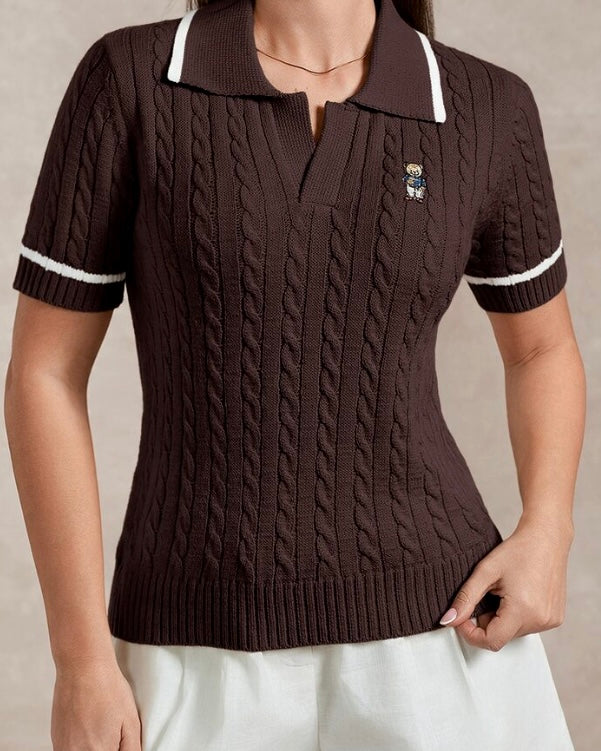 Brown Cable Knit Polo Shirt
