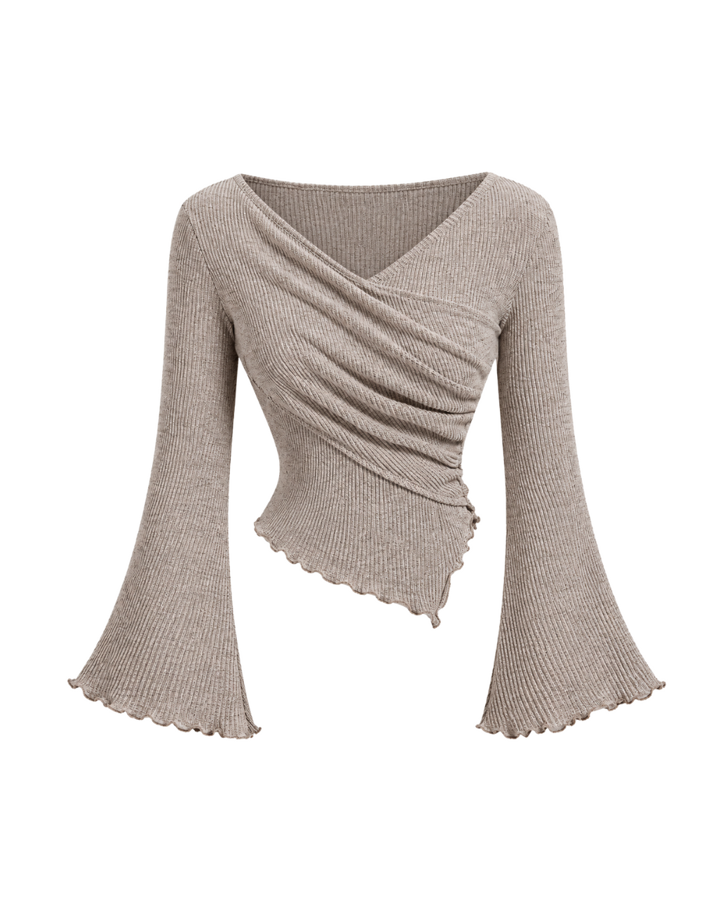 Ribbed Wrap Front Flare Sleeve Top