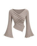 Ribbed Wrap Front Flare Sleeve Top