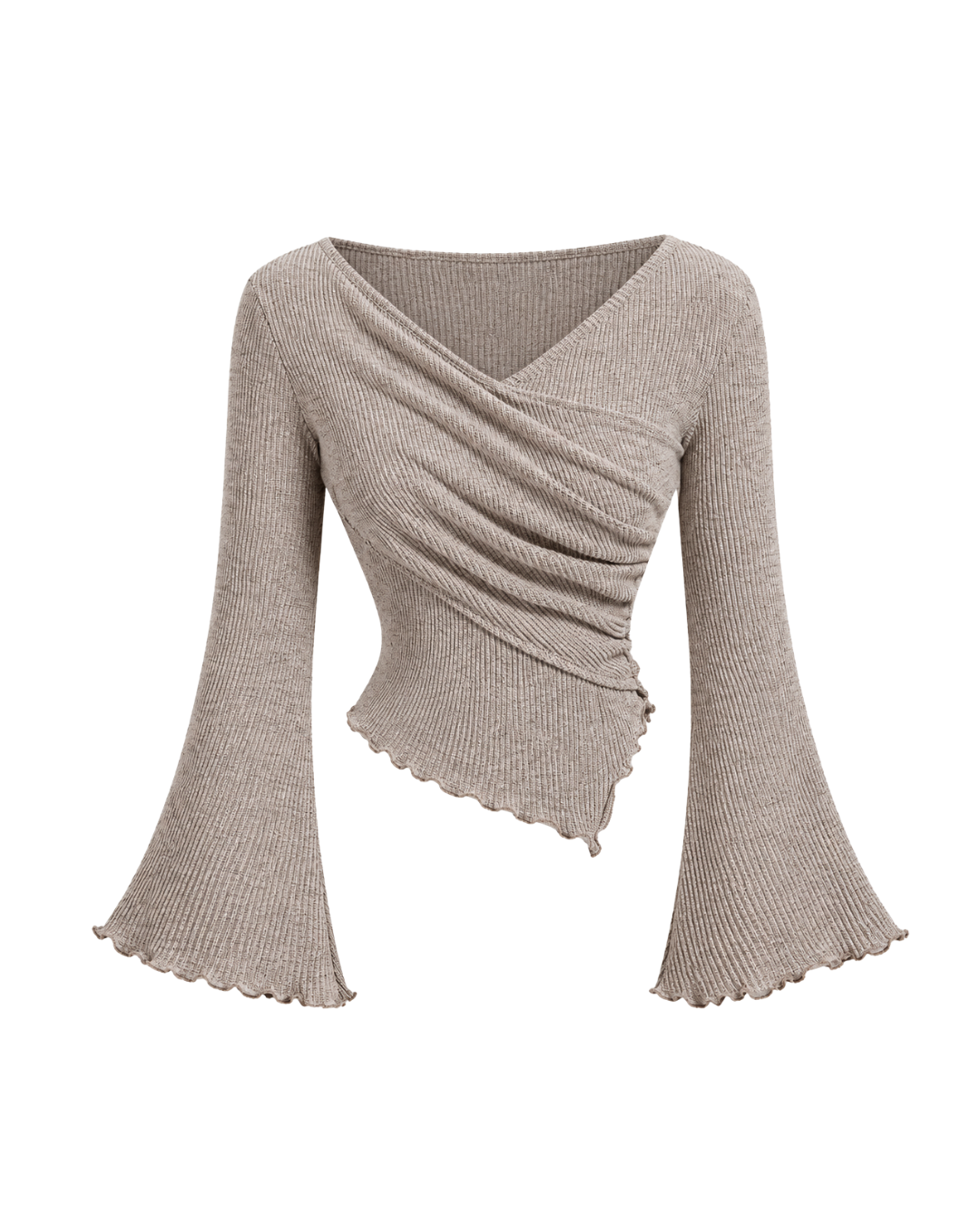 Ribbed Wrap Front Flare Sleeve Top