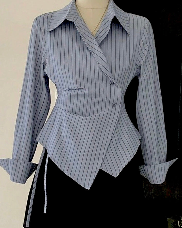 Elegant Grey Pinstripe Wrap Shirt