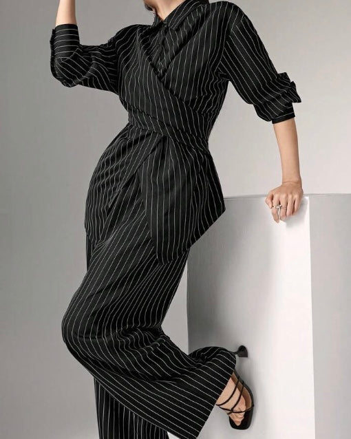 Black Pinstripe Wrap Co-Ord Set