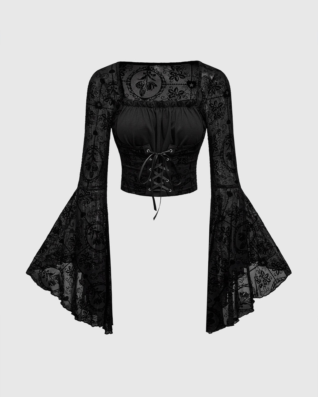 Black Lace-Up Corset Top with Sheer Bell Sleeves